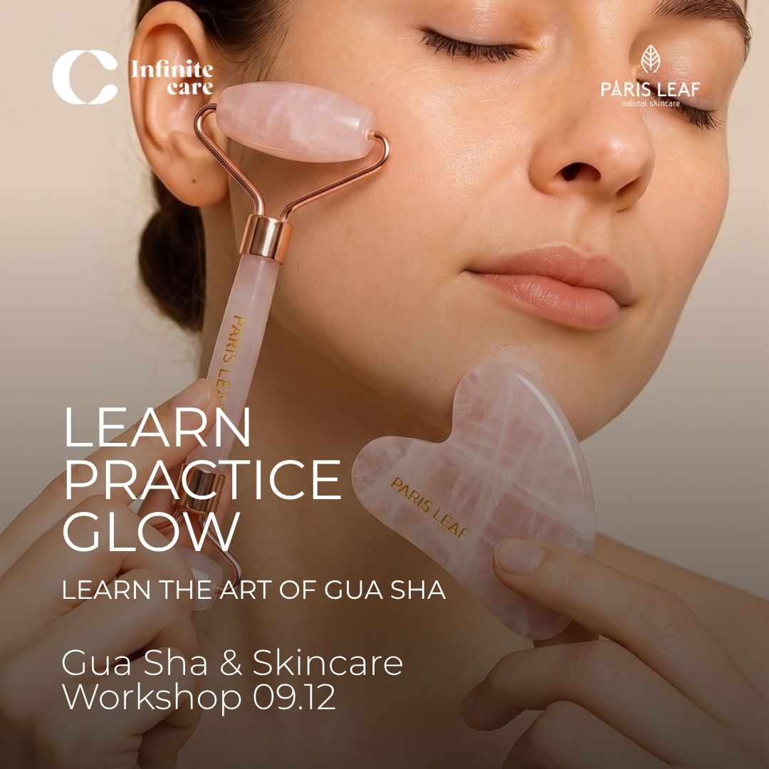 Paris Leaf and Infinite Care Gua Sha & Skincare Workshop graphic featuring a woman using a rose quartz facial roller and heart-shaped gua sha tool