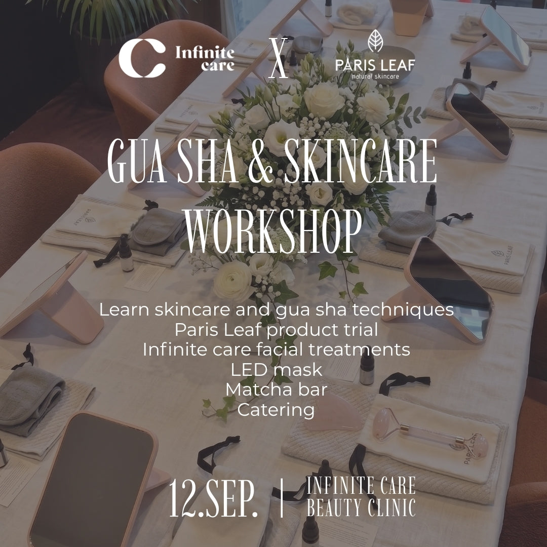 Paris Leaf and Infinite Care Gua Sha & Skincare Workshop promotional graphic featuring an elegant table setup with skincare products, mirrors, flowers, and gua sha tools.