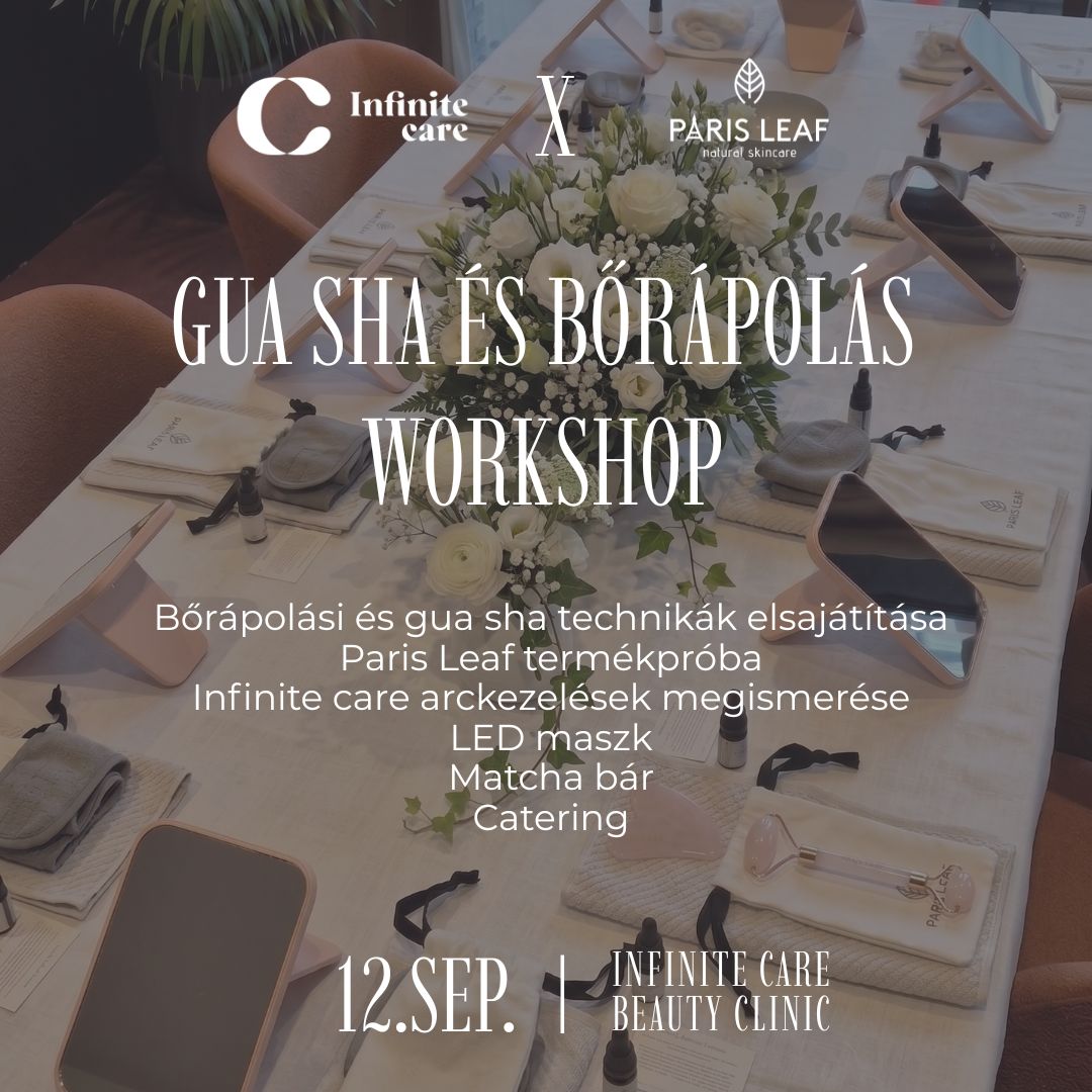 Paris Leaf Gua Sha és bőrápolási workshop Budapesten, elegáns asztali elrendezéssel, bőrápolási termékekkel, tükrökkel és virágdekorációval.