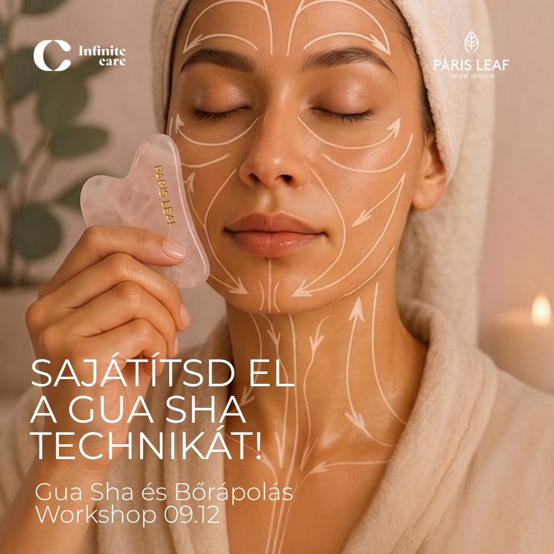 Paris Leaf Gua Sha és bőrápolási workshop Budapesten, nő rózsakvarc Gua Sha eszközzel és az arcmasszázs irányait bemutató vonalakkal.