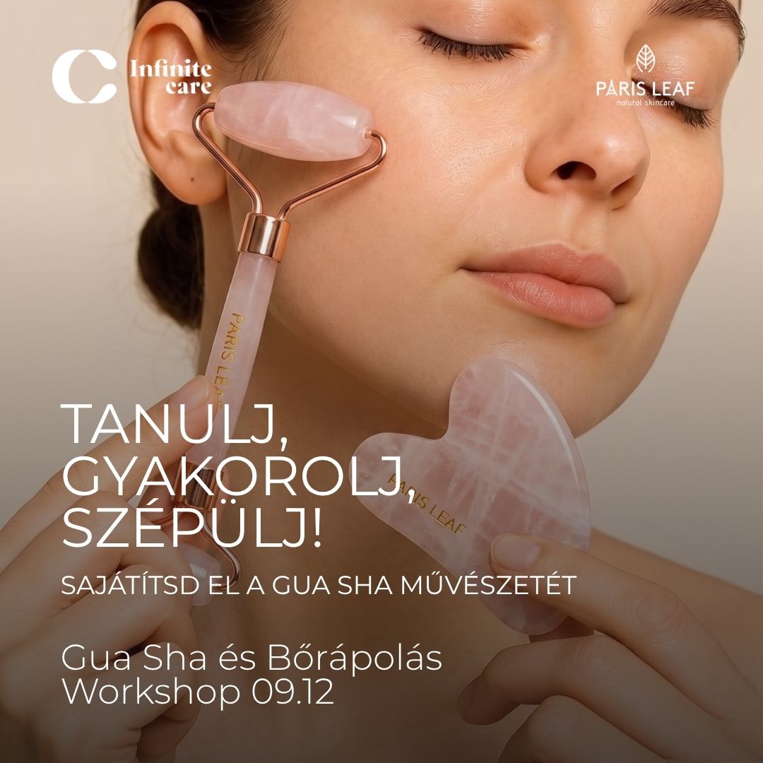 Paris Leaf Gua Sha és bőrápolási workshop Budapesten, nő rózsakvarc arcmasszírozó rollerrel és Gua Sha eszközzel.