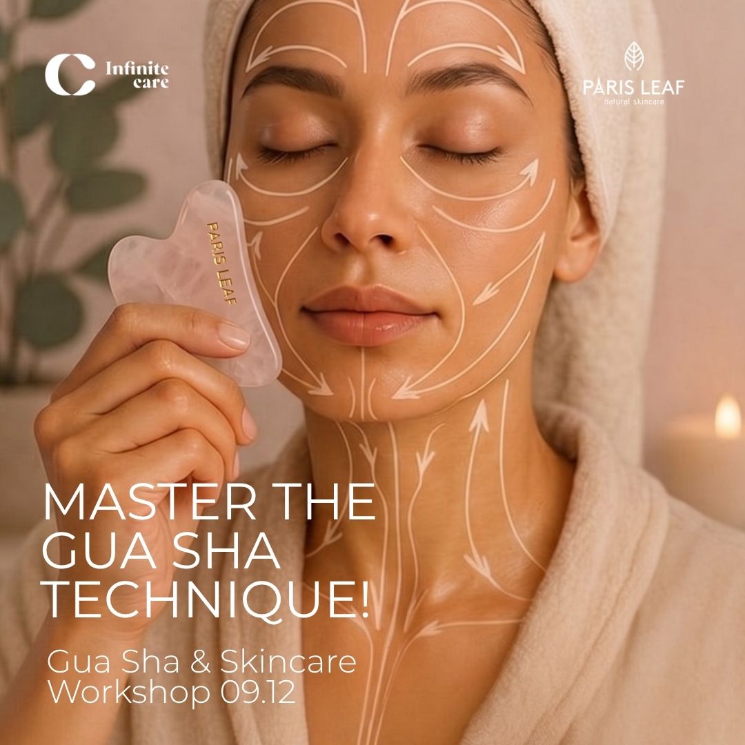 Paris Leaf Gua Sha & Skincare Workshop featuring a woman demonstrating facial gua sha massage techniques with a rose quartz gua sha tool.